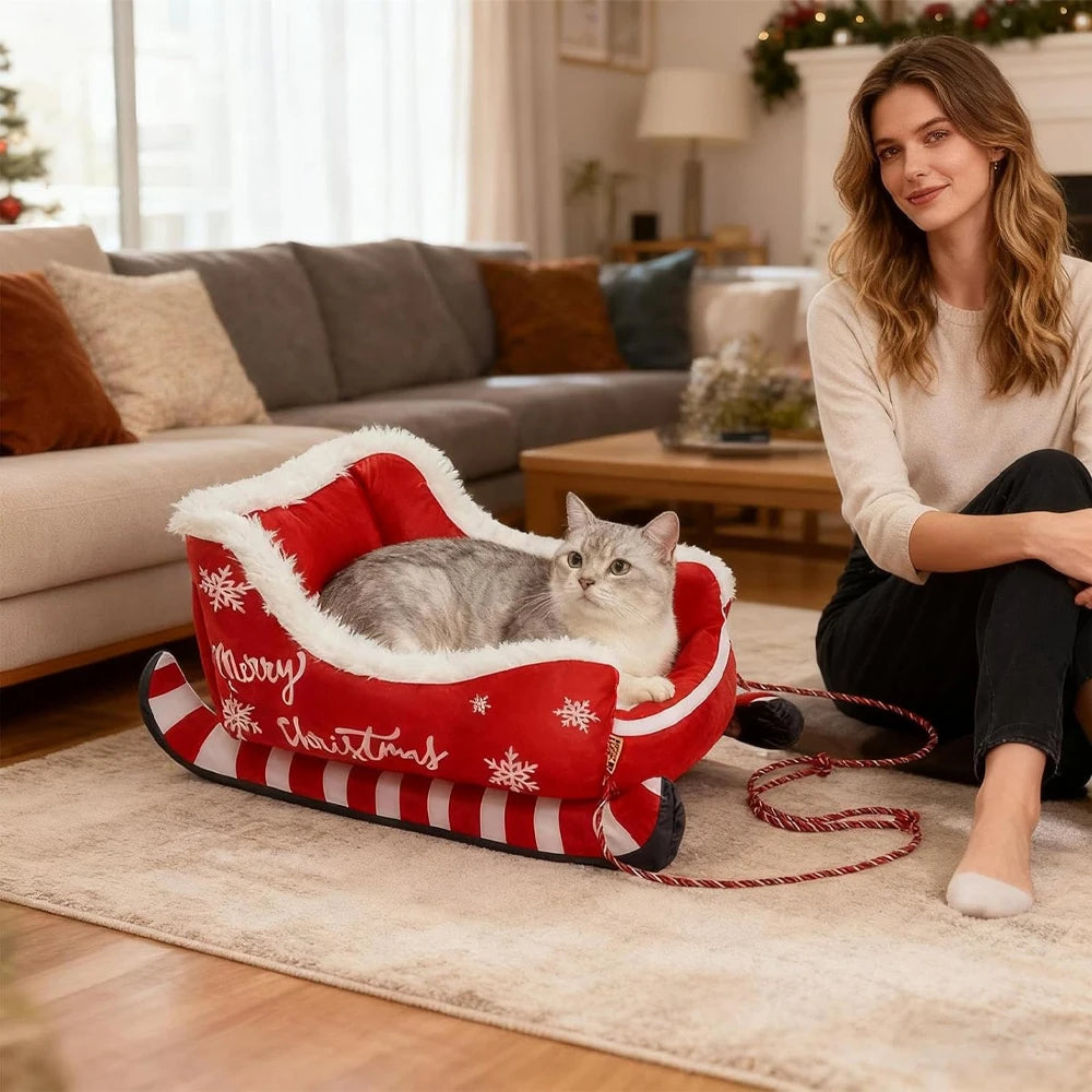 Cama Navideña en Forma de Trineo para Perros y Gatos – Suave, Lavable y Antideslizante