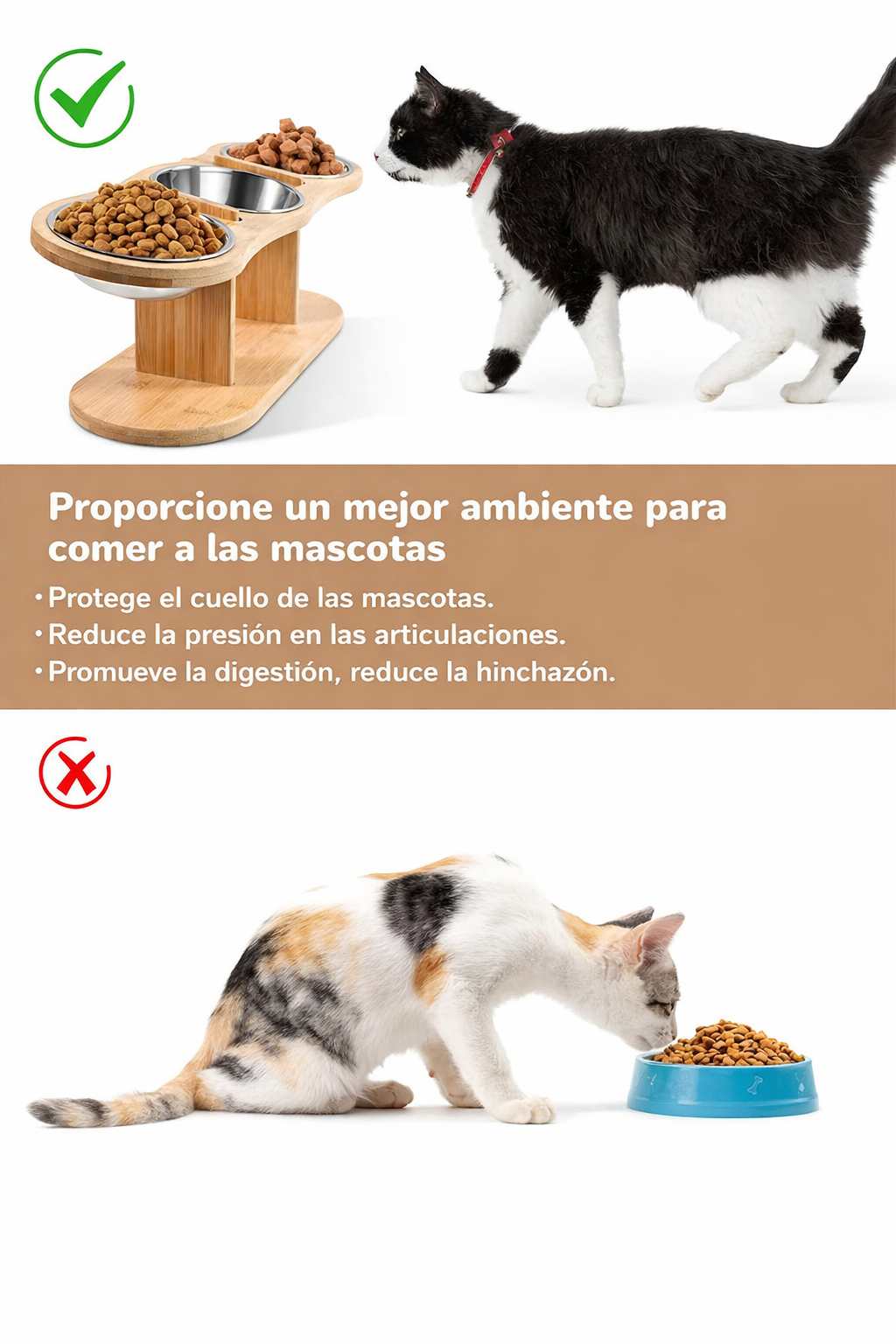 Comedero Elevado para Gatos 3 en 1 con Cuencos de Acero Inoxidable – Soporte de Madera Inclinado 15°