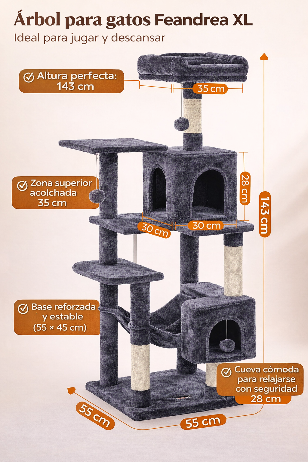 Árbol para gatos 143 cm Feandrea | Torre con rascadores, cueva y hamaca