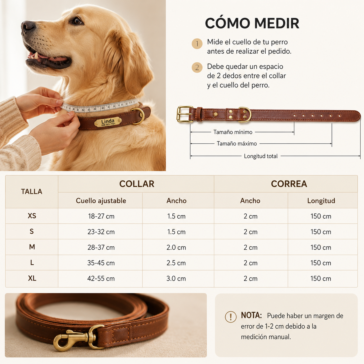 Collar y correa para perro personalizados | Cuero acolchado con placa grabada