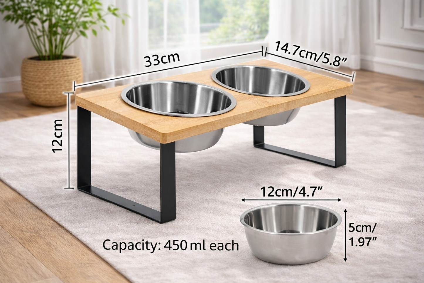 Comedero Elevado para Gatos 2 en 1 – Cuencos de Acero Inoxidable con Soporte de Madera Inclinado 15°