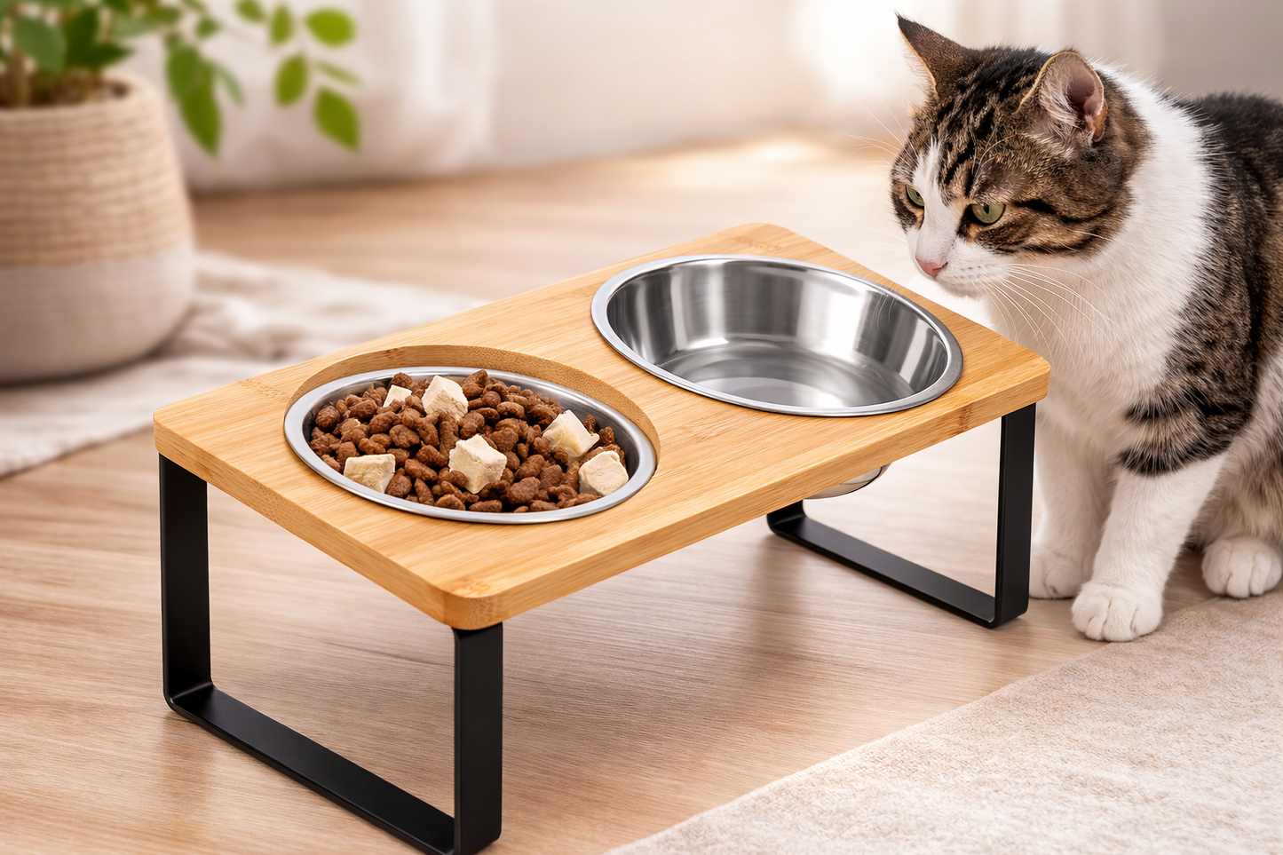 Comedero Elevado para Gatos 2 en 1 – Cuencos de Acero Inoxidable con Soporte de Madera Inclinado 15°