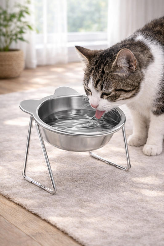 Comedero Elevado para Gatos 15° – Cuenco de Acero Inoxidable 304 Antideslizante y Antivuelco