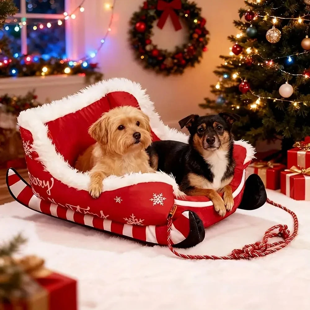 Cama Navideña en Forma de Trineo para Perros y Gatos – Suave, Lavable y Antideslizante