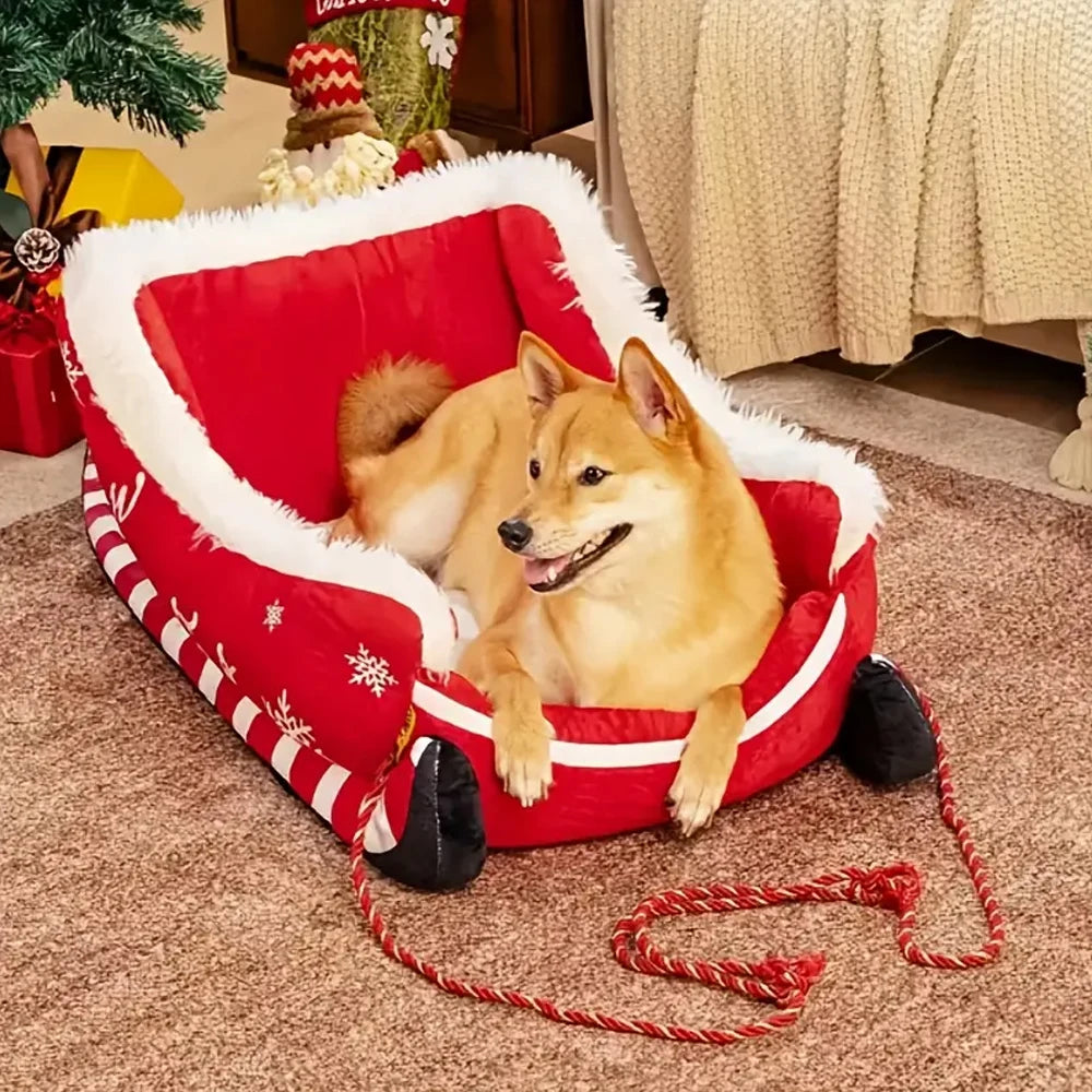 Cama Navideña en Forma de Trineo para Perros y Gatos – Suave, Lavable y Antideslizante