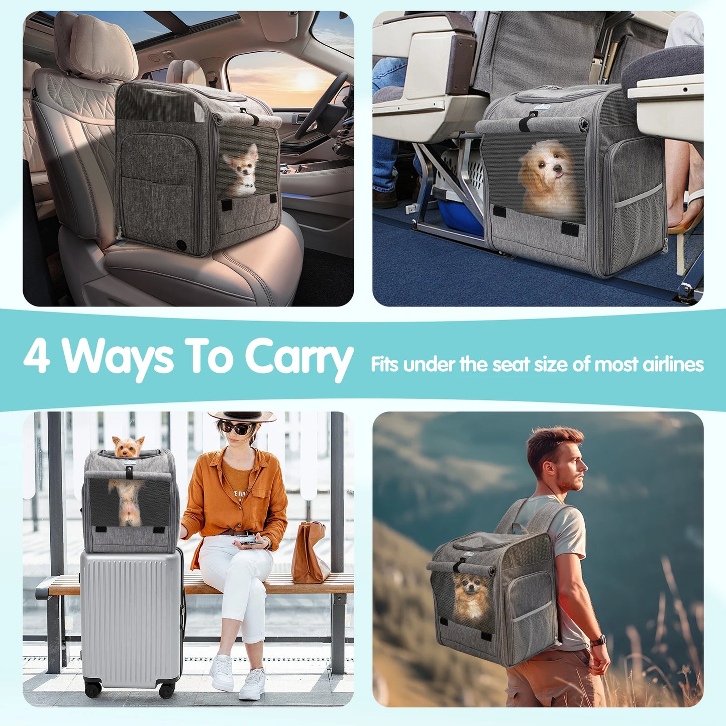 Mochila Transportín para Mascotas Expandible y Plegable | Mochila para Perros Pequeños hasta 10 kg | Ventana de Malla Transpirable Gris