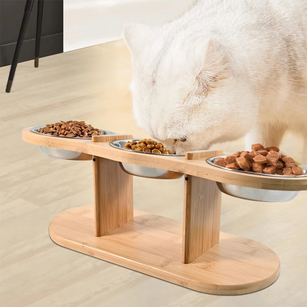 Comedero Elevado para Gatos 3 en 1 con Cuencos de Acero Inoxidable – Soporte de Madera Inclinado 15°