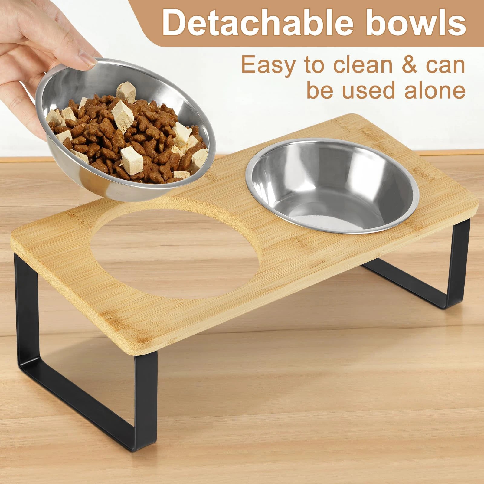 Comedero Elevado para Gatos 2 en 1 – Cuencos de Acero Inoxidable con Soporte de Madera Inclinado 15°