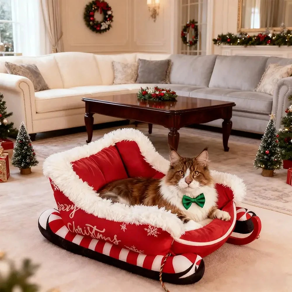 Cama Navideña en Forma de Trineo para Perros y Gatos – Suave, Lavable y Antideslizante