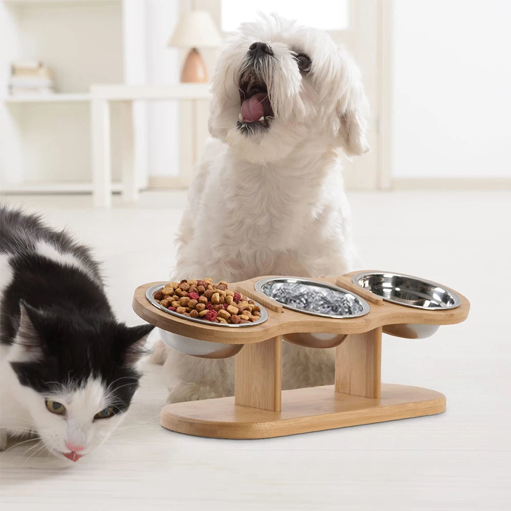 Comedero Elevado para Gatos 3 en 1 con Cuencos de Acero Inoxidable – Soporte de Madera Inclinado 15°