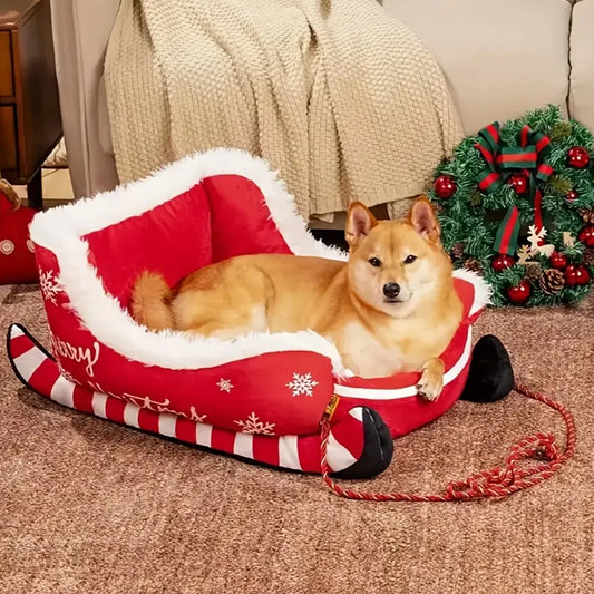 Cama Navideña en Forma de Trineo para Perros y Gatos – Suave, Lavable y Antideslizante