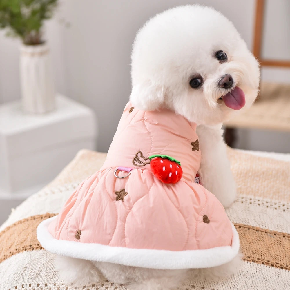 Abrigo Vestido de Fresa para Perros Pequeños | Ropa Otoño Invierno para Yorkie, Chihuahua y Gatos