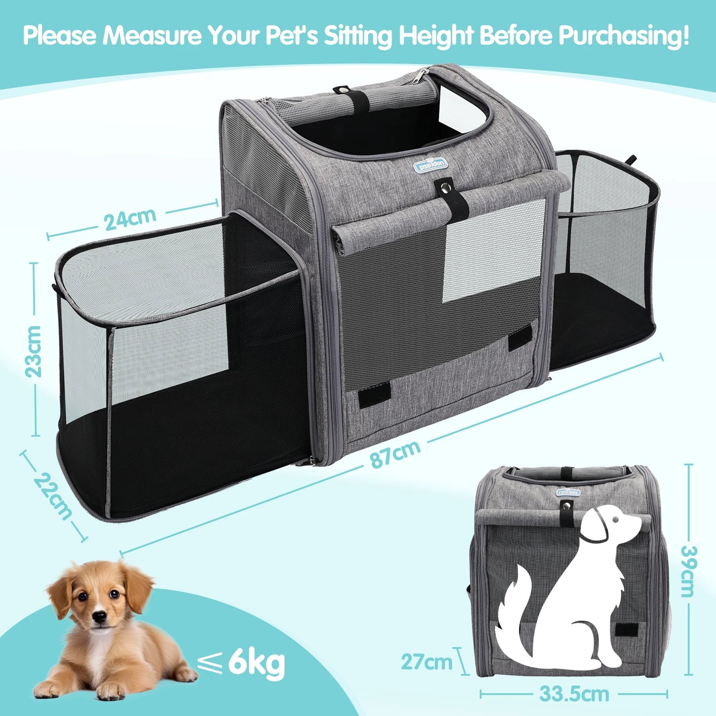 Mochila Transportín para Mascotas Expandible y Plegable | Mochila para Perros Pequeños hasta 10 kg | Ventana de Malla Transpirable Gris