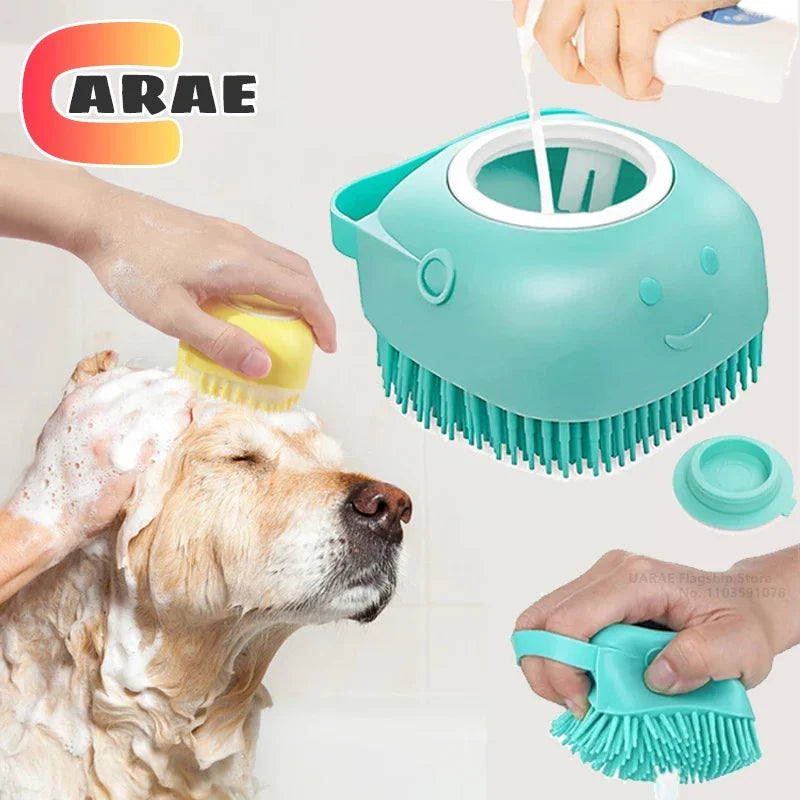 Cepillo de Baño para Mascotas con Dispensador de Champú – Cepillo de Silicona Suave para Perros y Gatos