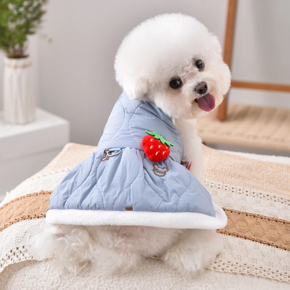Ropa para Perros Pequeños Vestido con Arnés Fresa – Abrigo de Invierno para Chihuahua, Yorkshire y Gatos