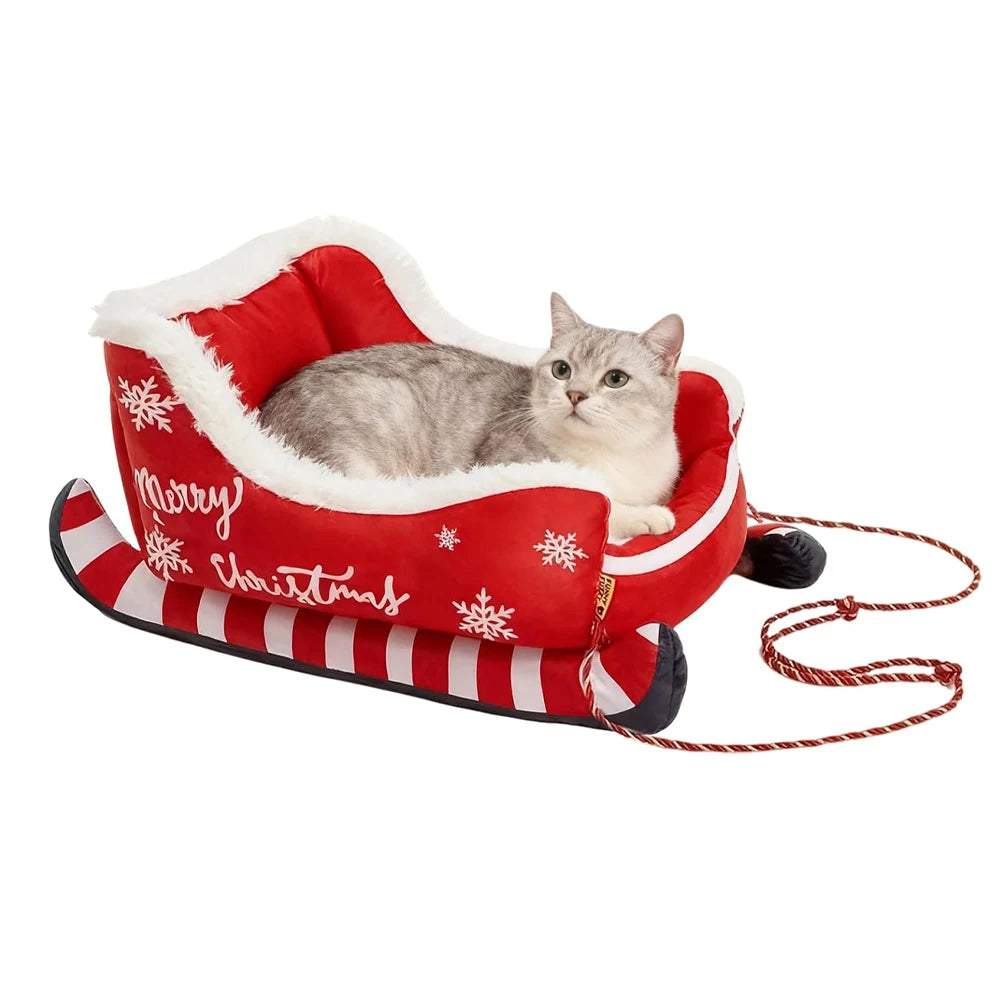 Cama Navideña en Forma de Trineo para Perros y Gatos – Suave, Lavable y Antideslizante