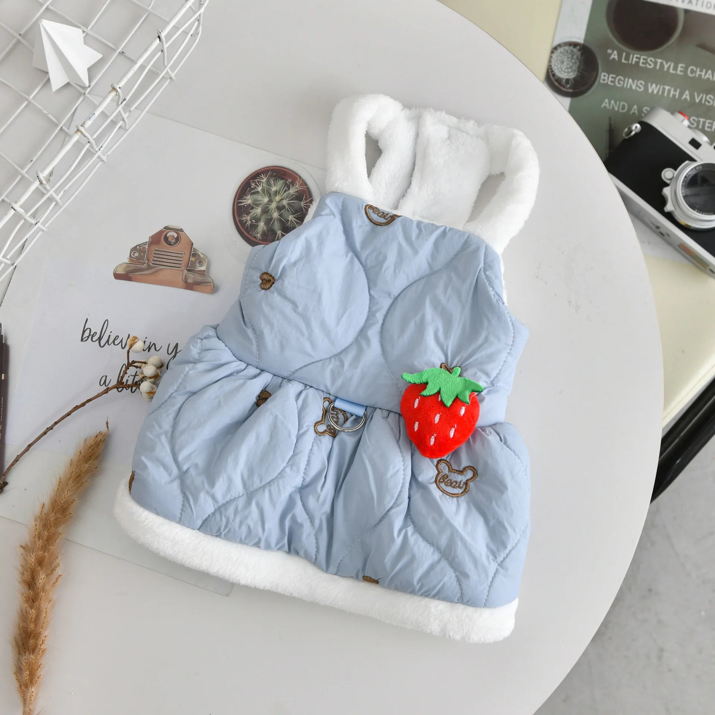 Ropa para Perros Pequeños Vestido con Arnés Fresa – Abrigo de Invierno para Chihuahua, Yorkshire y Gatos