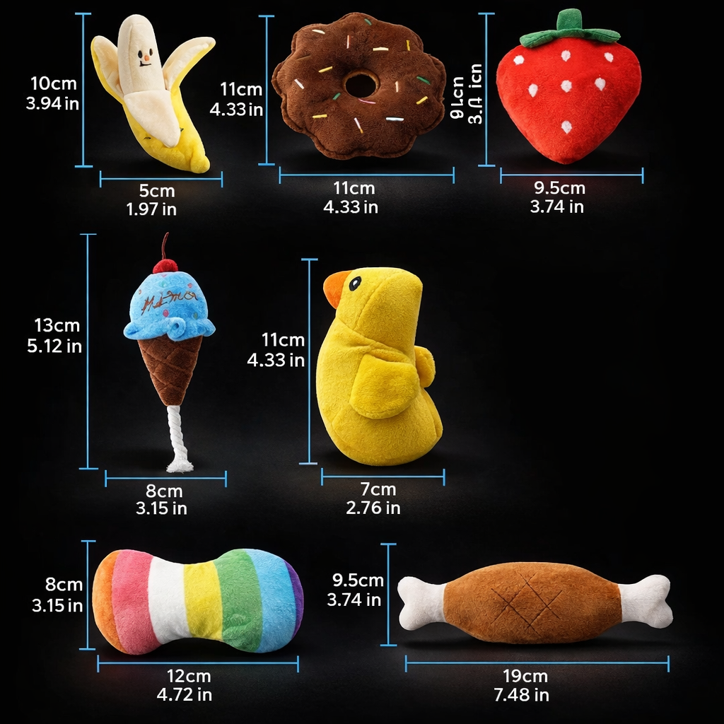Set de 7 Juguetes de Peluche con Sonido para Perros – Frutas y Verduras Masticables