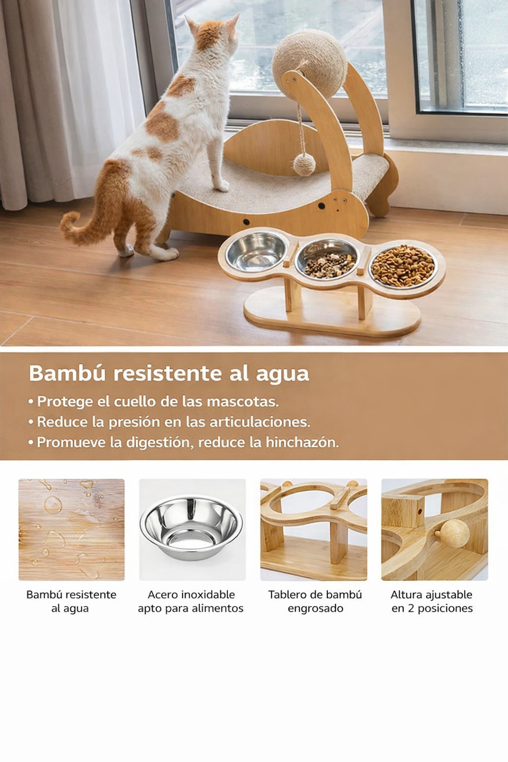 Comedero Elevado para Gatos 3 en 1 con Cuencos de Acero Inoxidable – Soporte de Madera Inclinado 15°